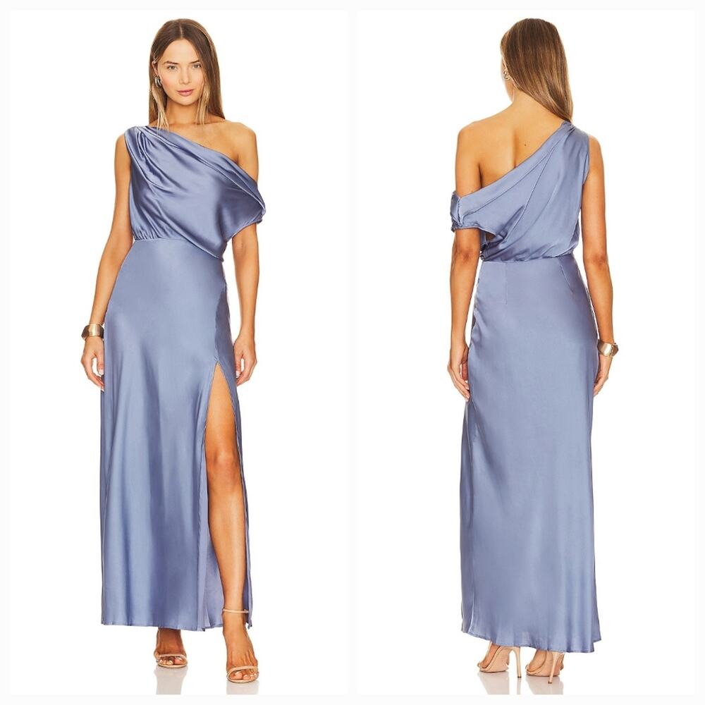 Astr One-Shoulder Satin Gown in Periwinkle Blue